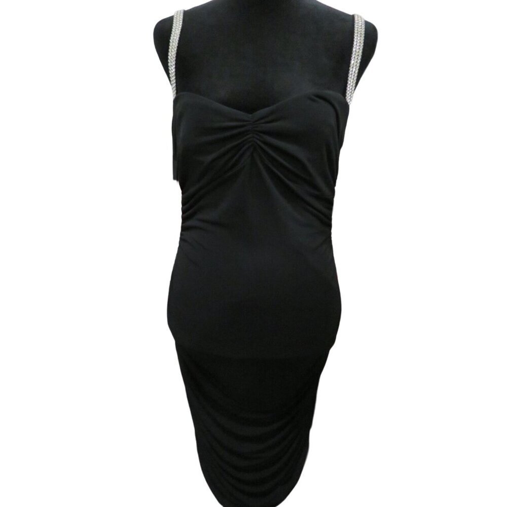 Moda International Black Ruched Cocktail Dress Rhinstone shoulder straps Medium